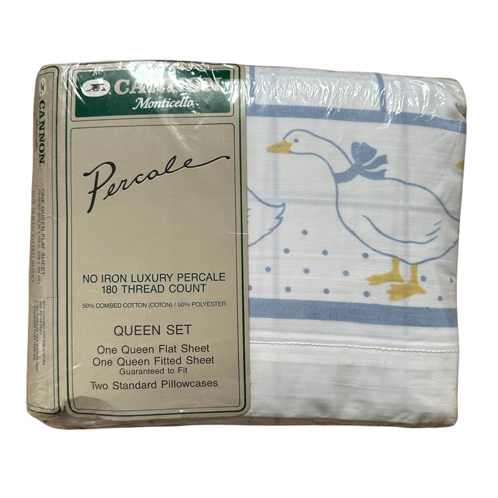 NWT NOS Cannon Percale Queen Bed Sheets 180 Thread Count Blue White Yellow Geese